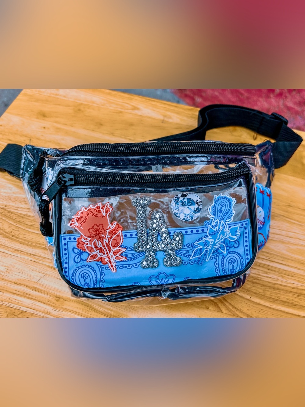 RHINESTONE LA ‘Bandana Rose’ Clear Fanny Pack 8” - Black